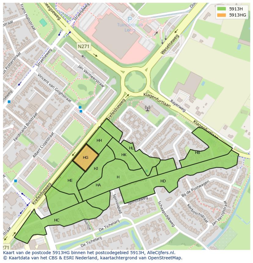 Afbeelding van het postcodegebied 5913 HG op de kaart.