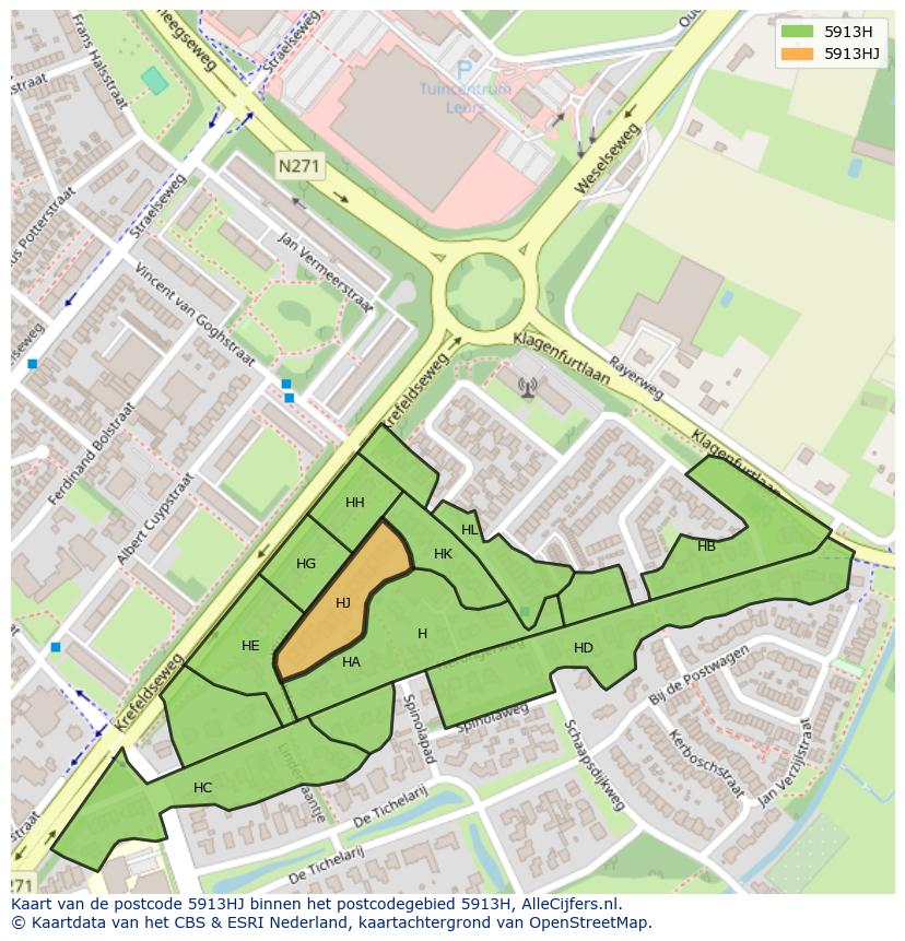 Afbeelding van het postcodegebied 5913 HJ op de kaart.