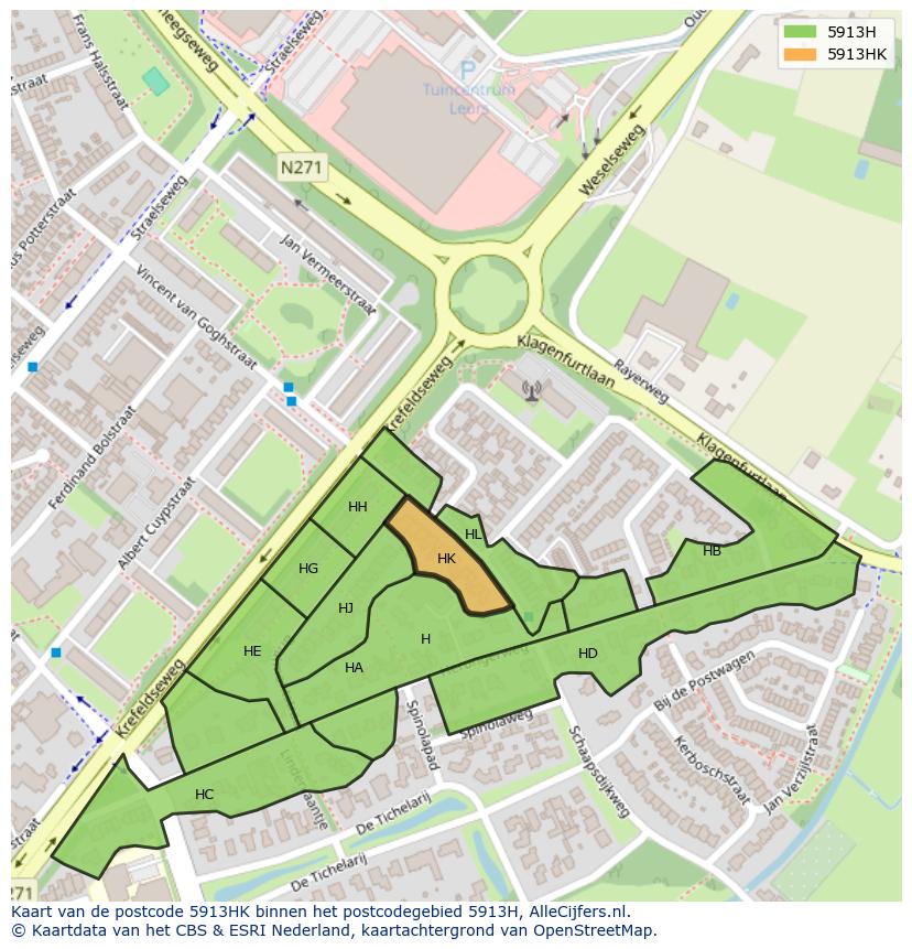 Afbeelding van het postcodegebied 5913 HK op de kaart.