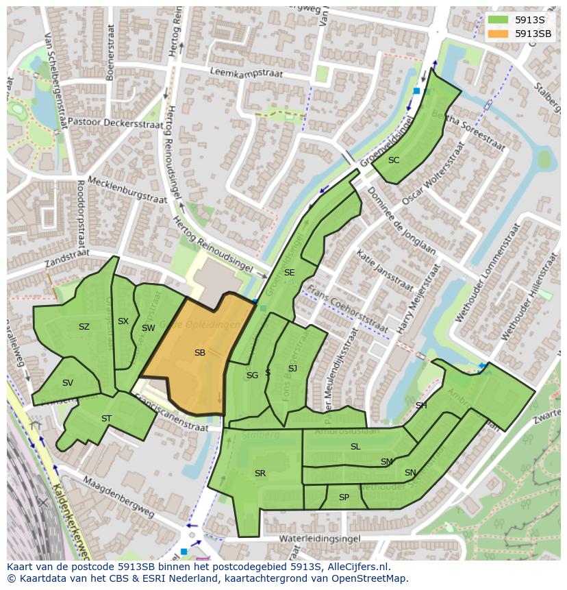 Afbeelding van het postcodegebied 5913 SB op de kaart.