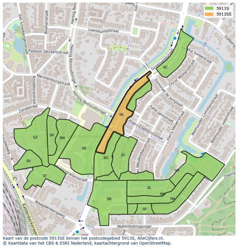 Afbeelding van het postcodegebied 5913 SE op de kaart.
