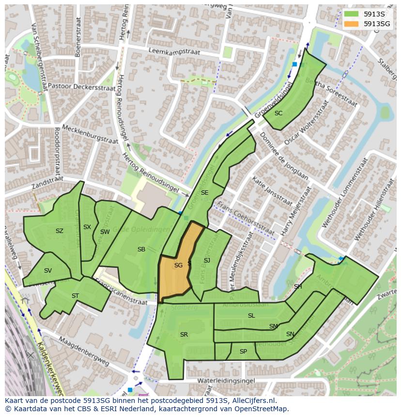 Afbeelding van het postcodegebied 5913 SG op de kaart.