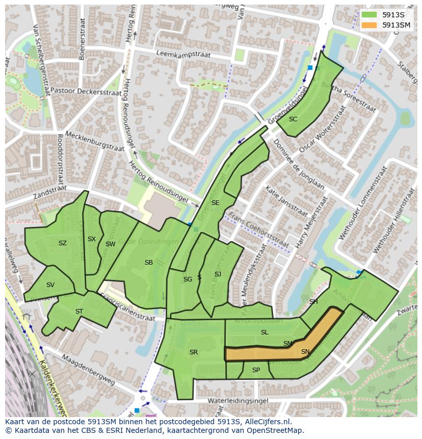 Afbeelding van het postcodegebied 5913 SM op de kaart.