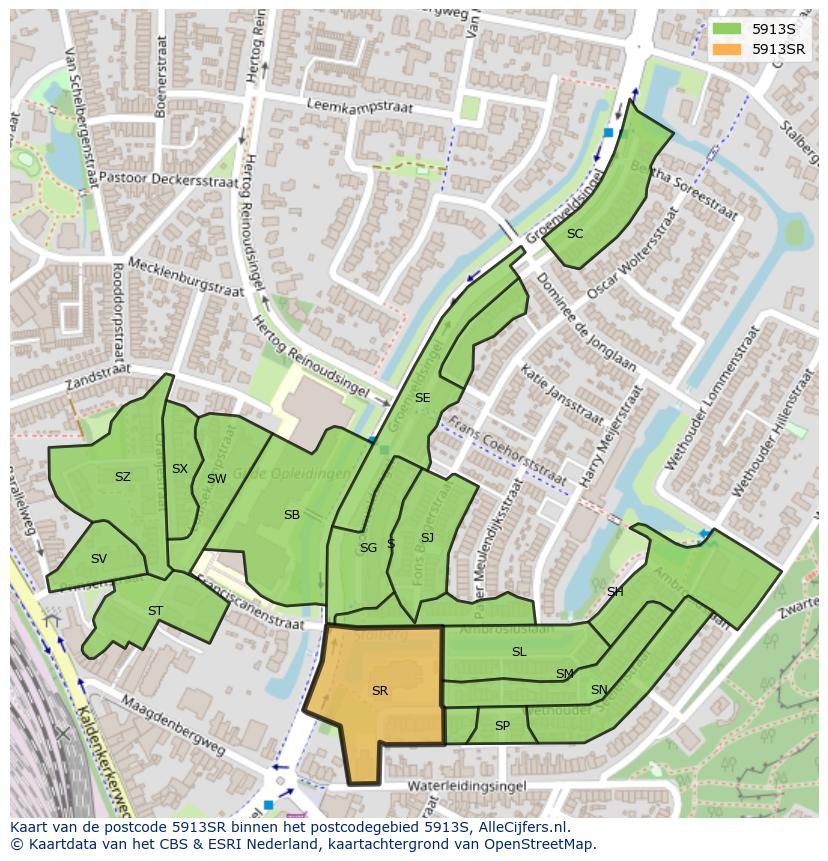 Afbeelding van het postcodegebied 5913 SR op de kaart.