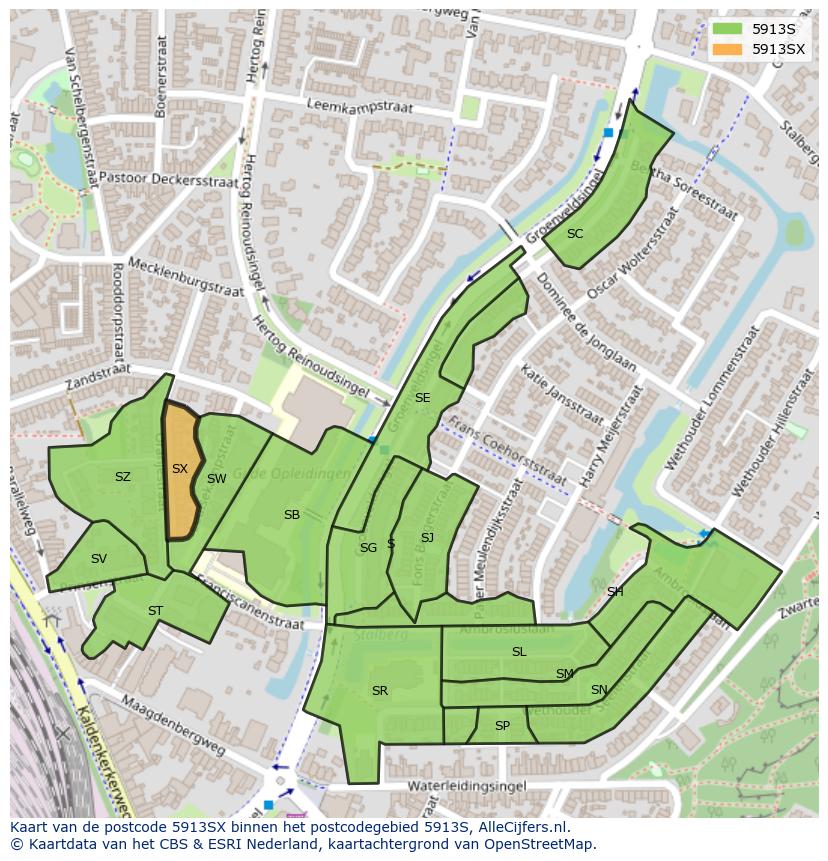 Afbeelding van het postcodegebied 5913 SX op de kaart.