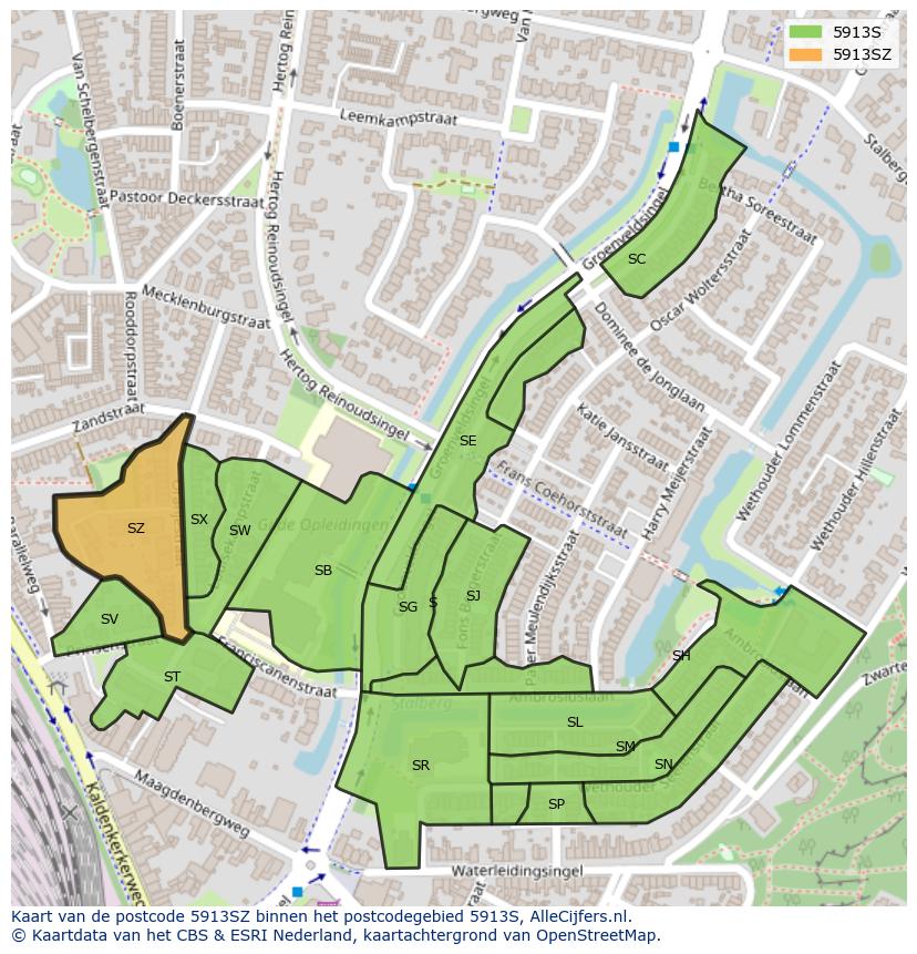 Afbeelding van het postcodegebied 5913 SZ op de kaart.