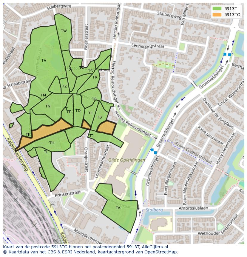 Afbeelding van het postcodegebied 5913 TG op de kaart.