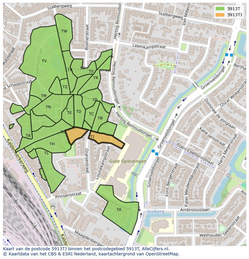 Afbeelding van het postcodegebied 5913 TJ op de kaart.