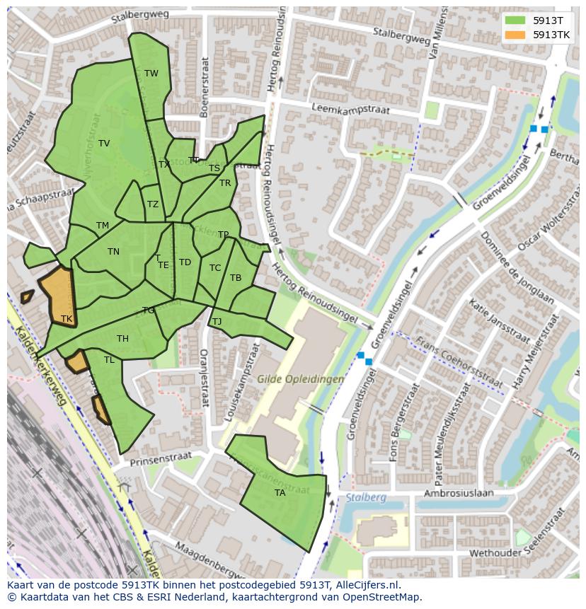 Afbeelding van het postcodegebied 5913 TK op de kaart.