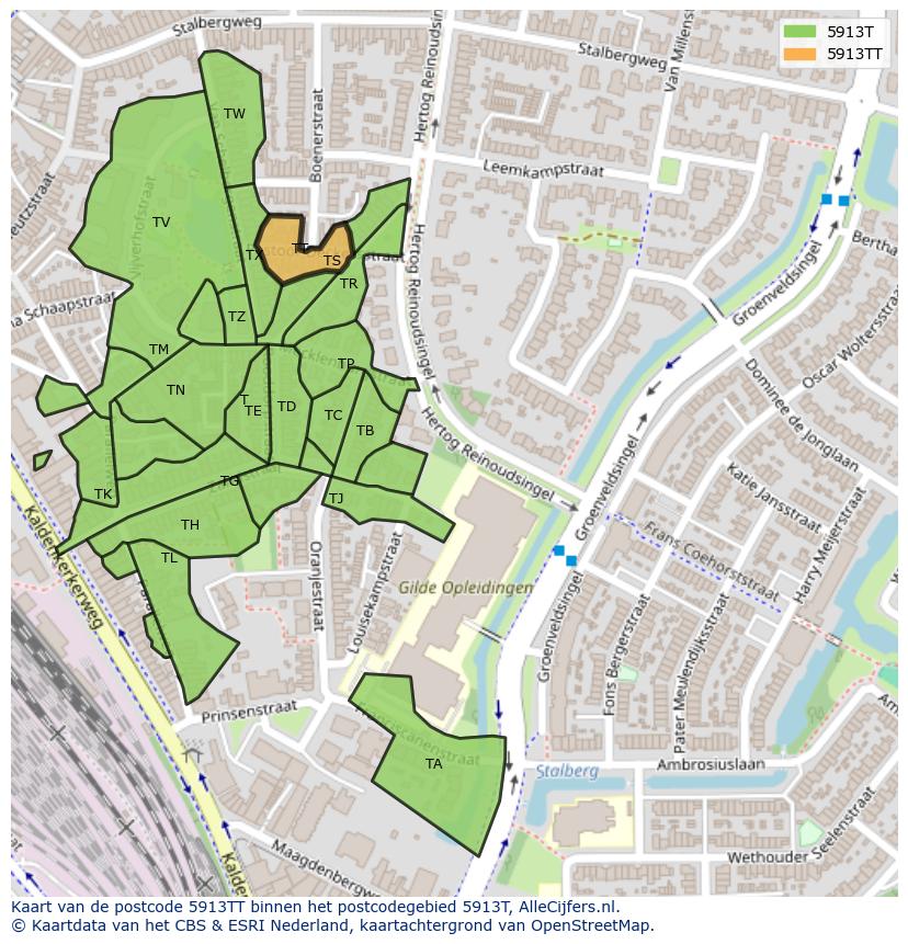 Afbeelding van het postcodegebied 5913 TT op de kaart.