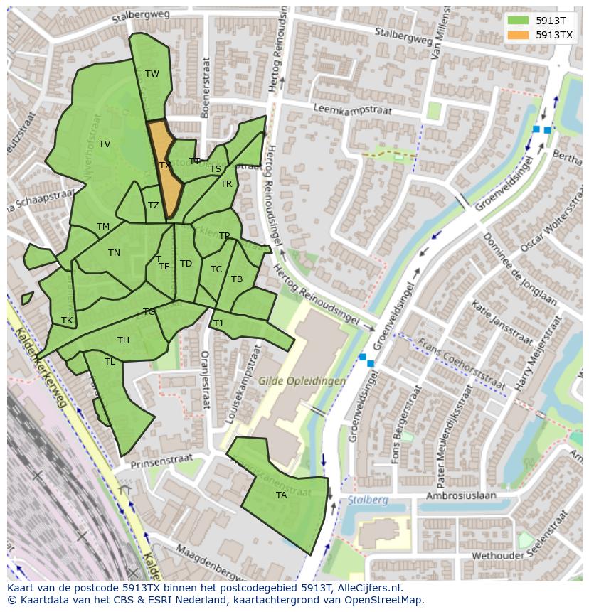 Afbeelding van het postcodegebied 5913 TX op de kaart.