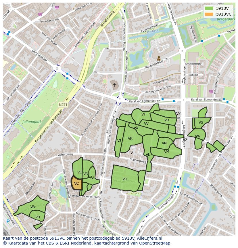 Afbeelding van het postcodegebied 5913 VC op de kaart.