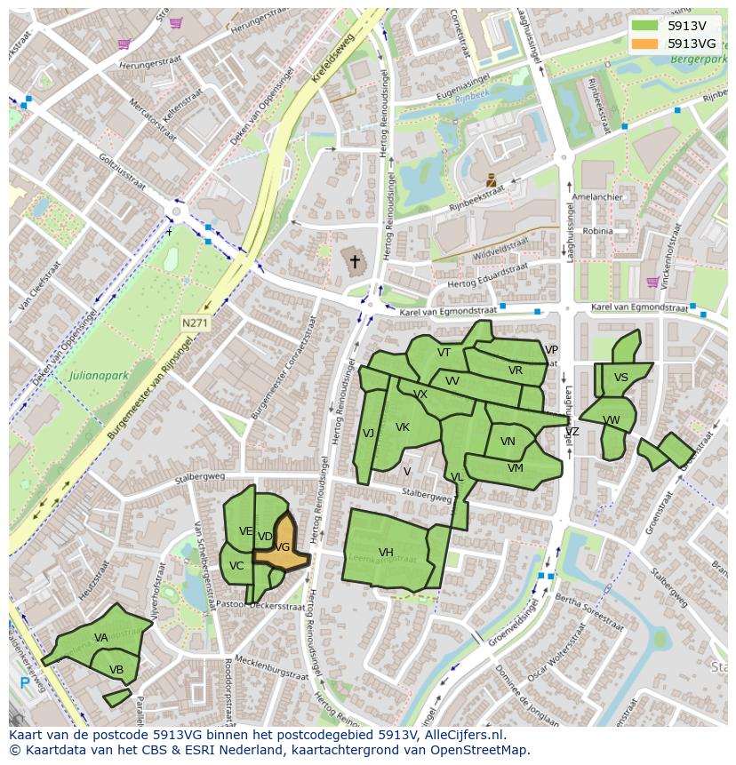 Afbeelding van het postcodegebied 5913 VG op de kaart.