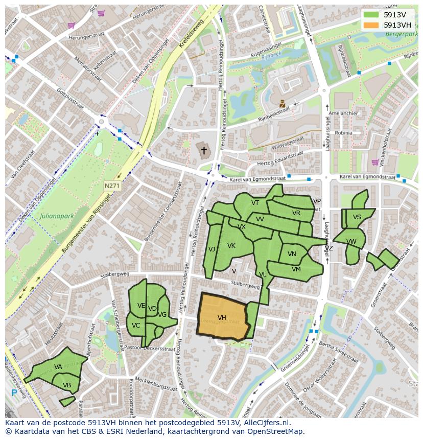 Afbeelding van het postcodegebied 5913 VH op de kaart.