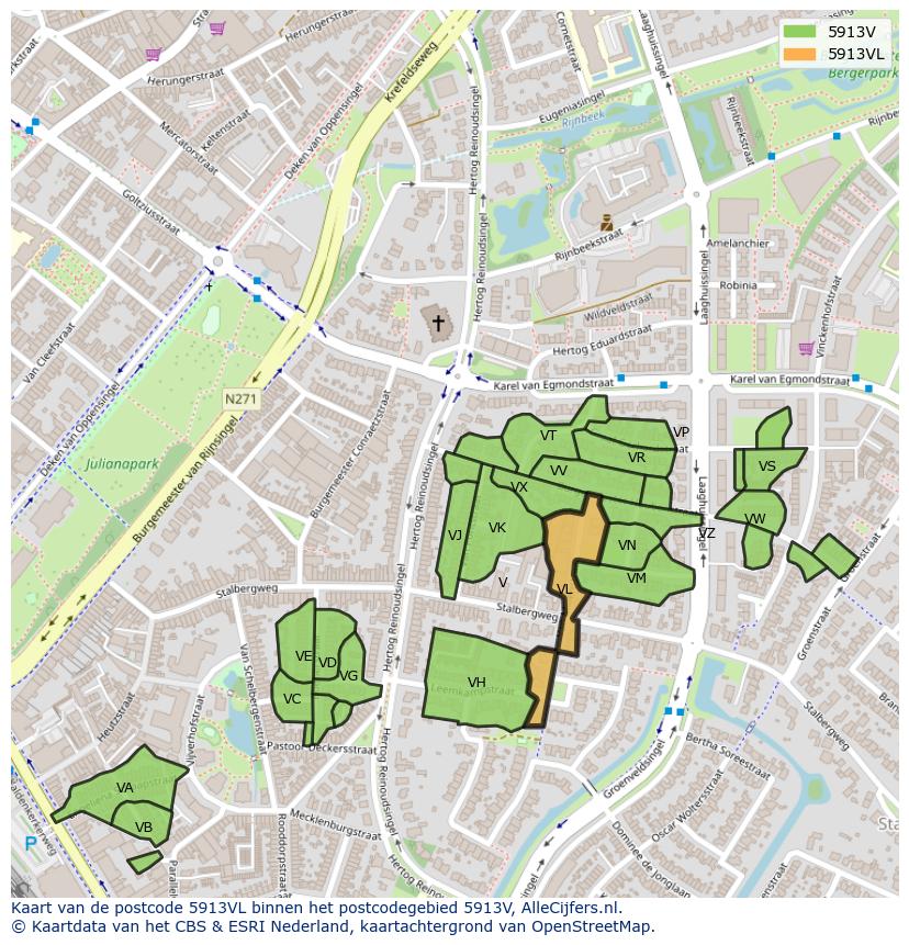 Afbeelding van het postcodegebied 5913 VL op de kaart.