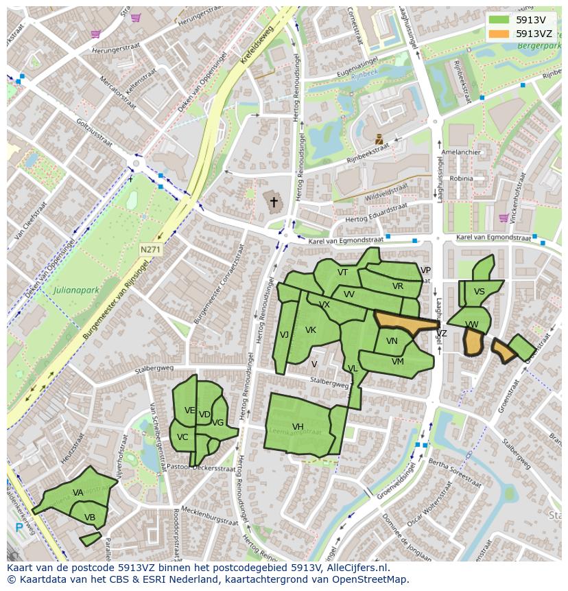 Afbeelding van het postcodegebied 5913 VZ op de kaart.