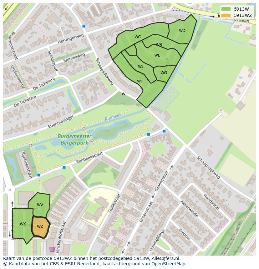 Afbeelding van het postcodegebied 5913 WZ op de kaart.