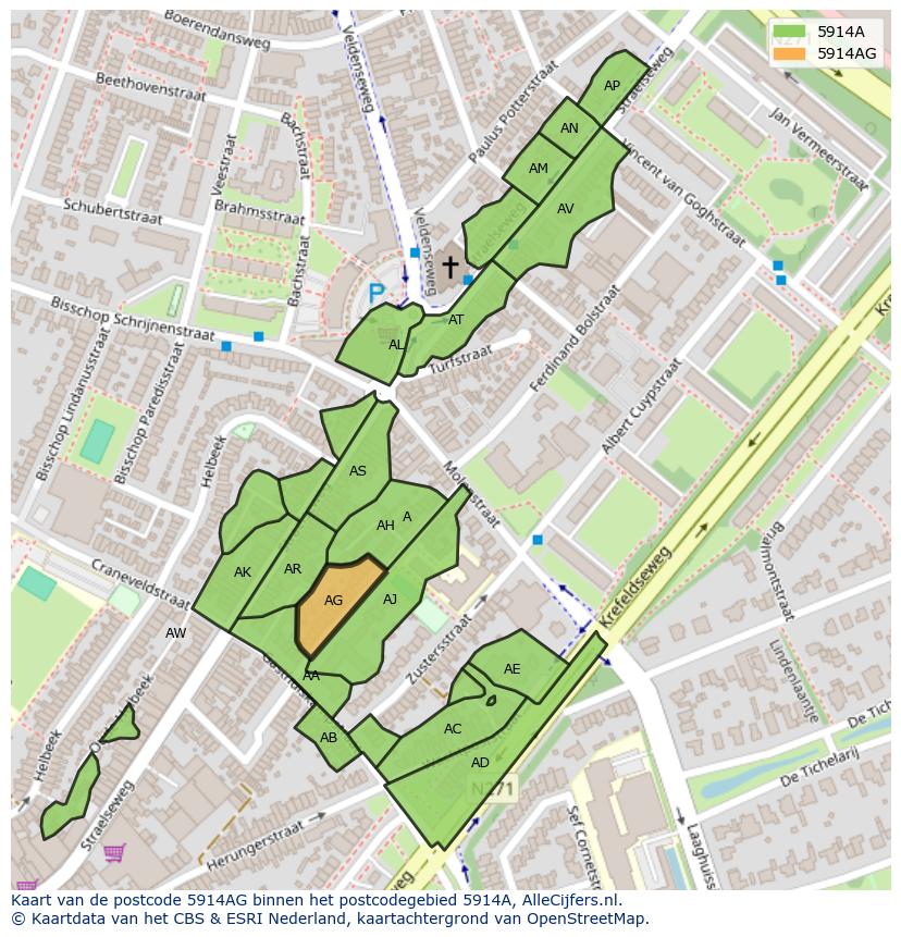 Afbeelding van het postcodegebied 5914 AG op de kaart.