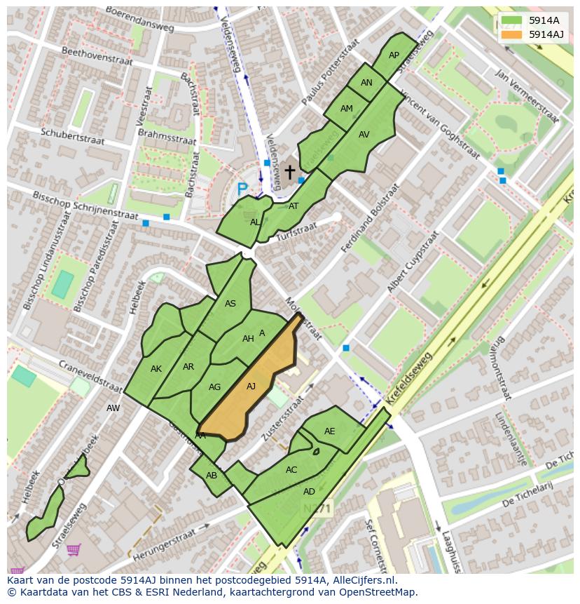 Afbeelding van het postcodegebied 5914 AJ op de kaart.
