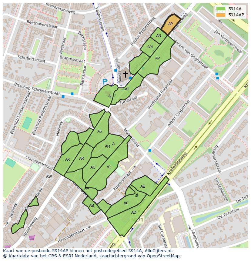 Afbeelding van het postcodegebied 5914 AP op de kaart.