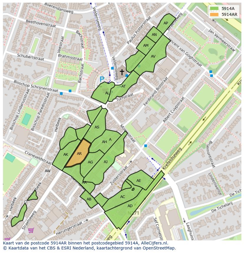 Afbeelding van het postcodegebied 5914 AR op de kaart.