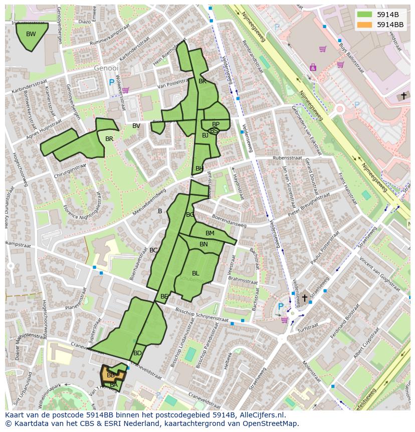 Afbeelding van het postcodegebied 5914 BB op de kaart.