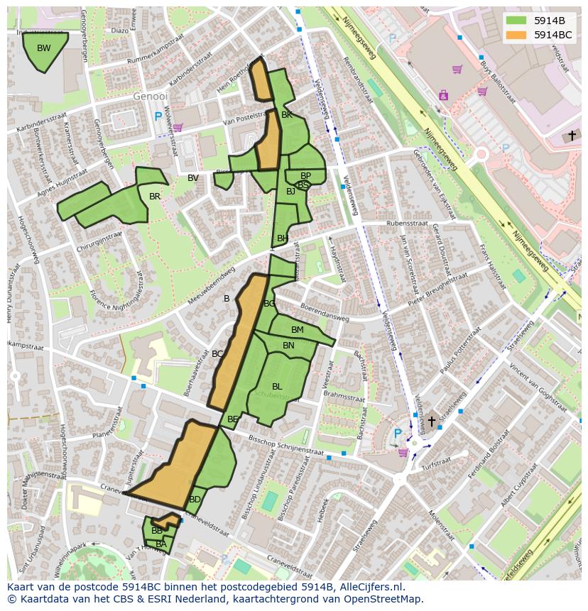 Afbeelding van het postcodegebied 5914 BC op de kaart.