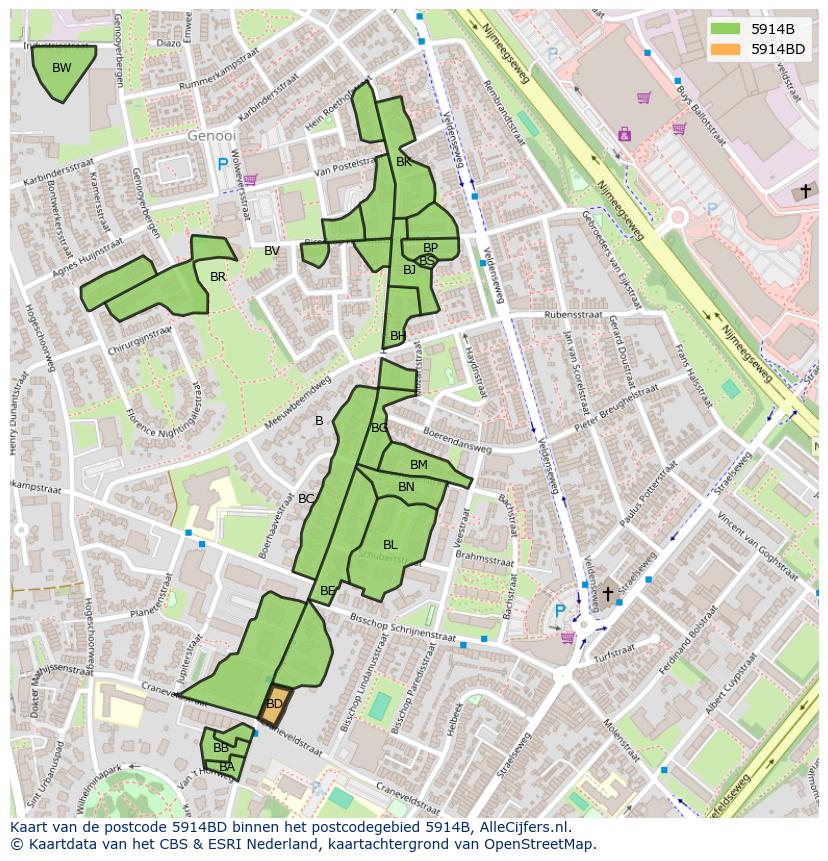 Afbeelding van het postcodegebied 5914 BD op de kaart.