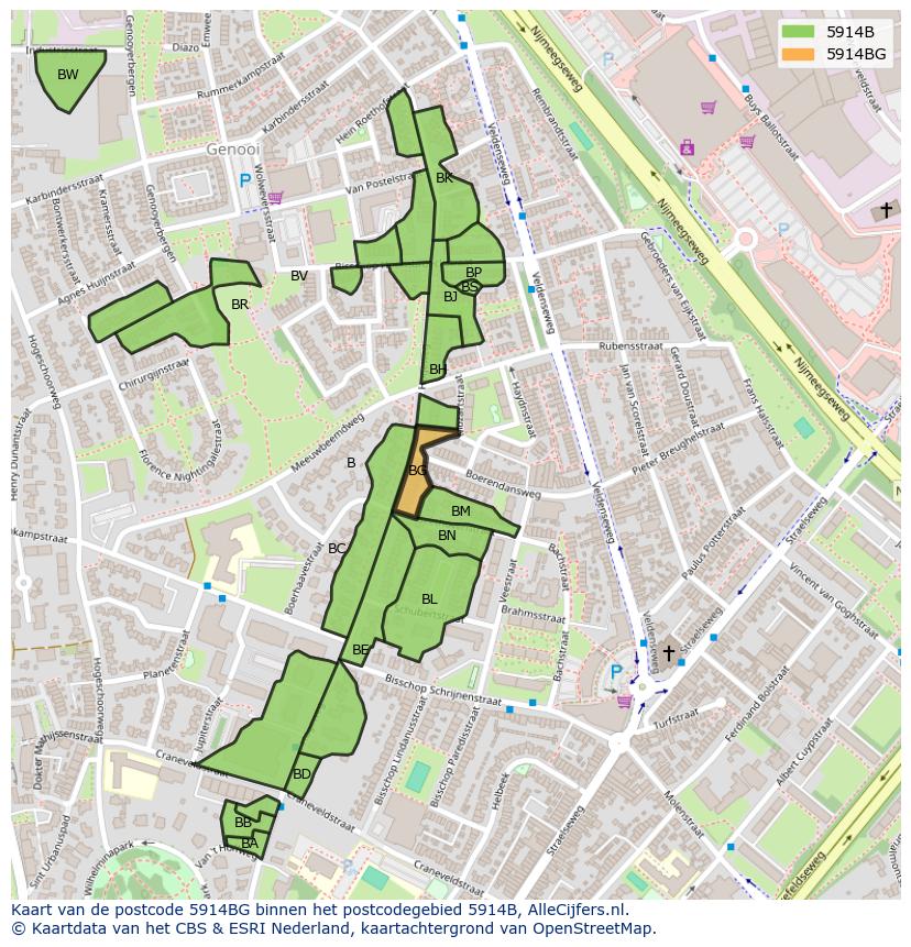 Afbeelding van het postcodegebied 5914 BG op de kaart.