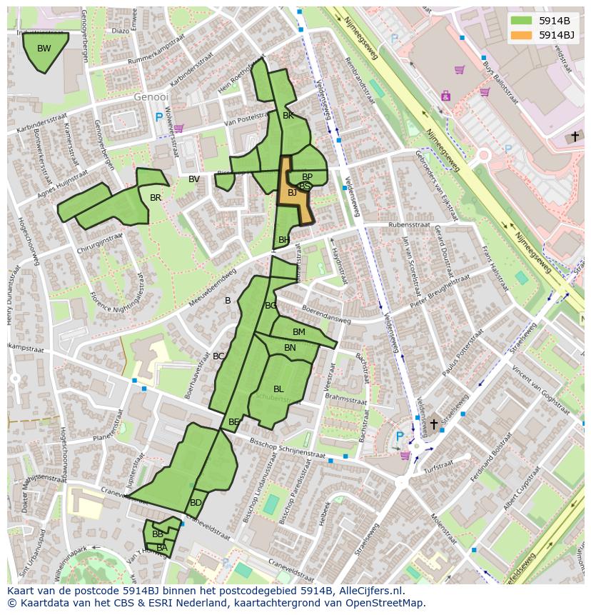 Afbeelding van het postcodegebied 5914 BJ op de kaart.