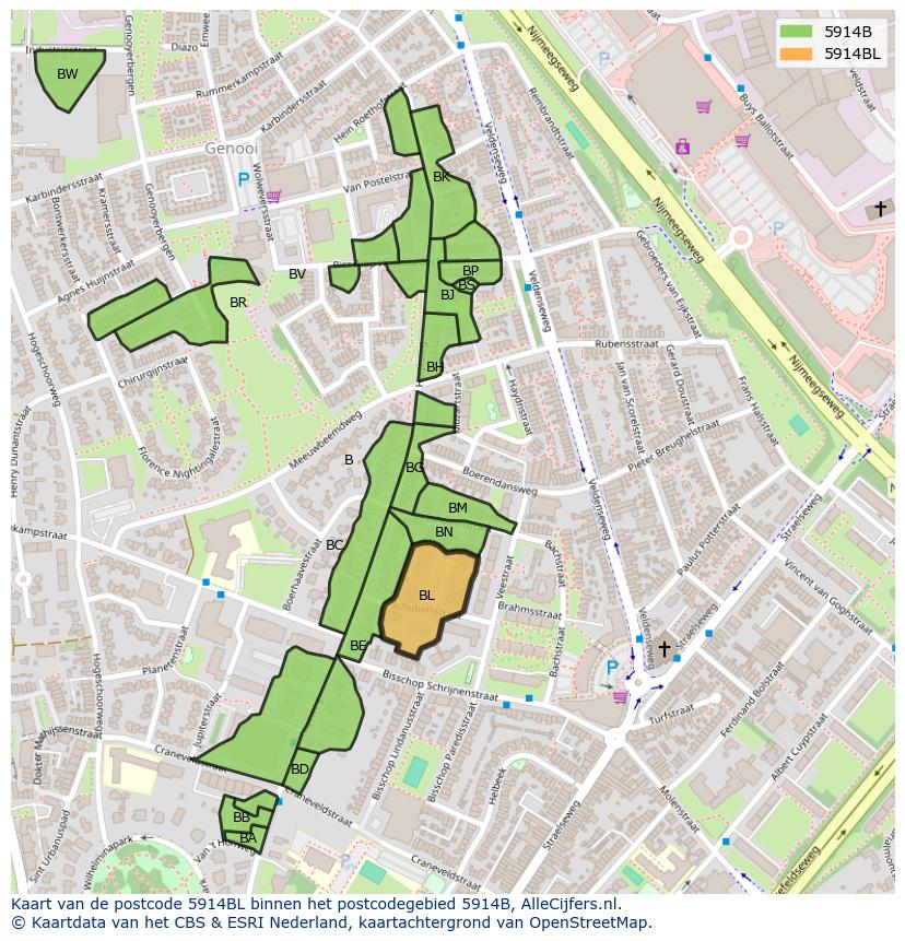 Afbeelding van het postcodegebied 5914 BL op de kaart.