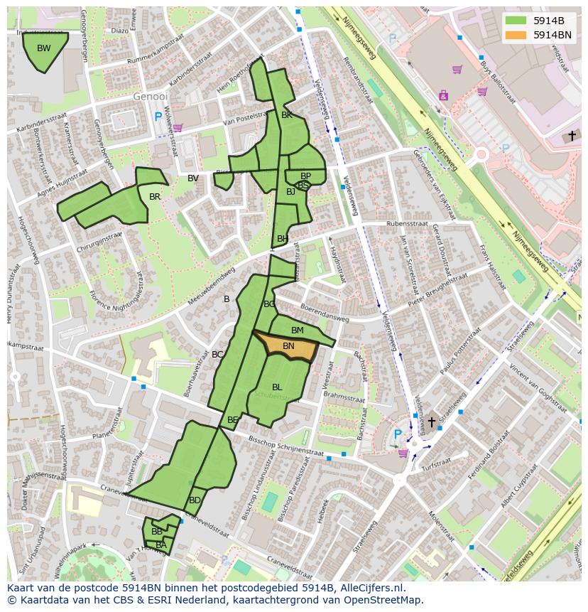 Afbeelding van het postcodegebied 5914 BN op de kaart.