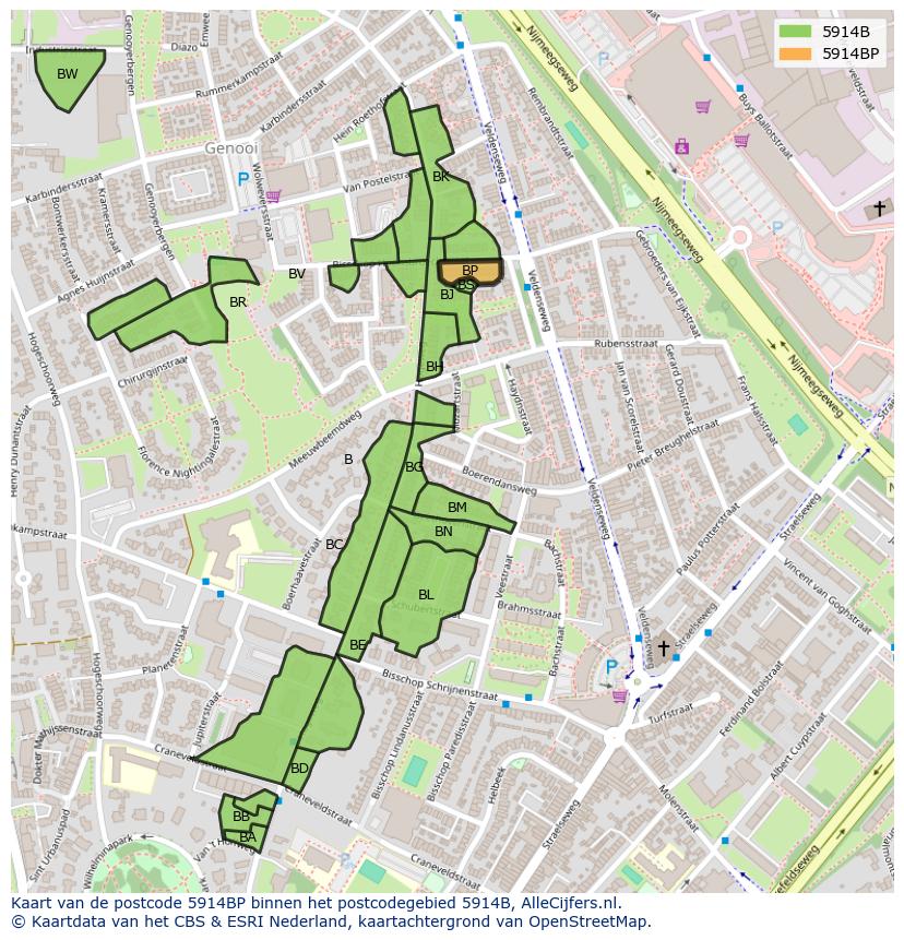 Afbeelding van het postcodegebied 5914 BP op de kaart.