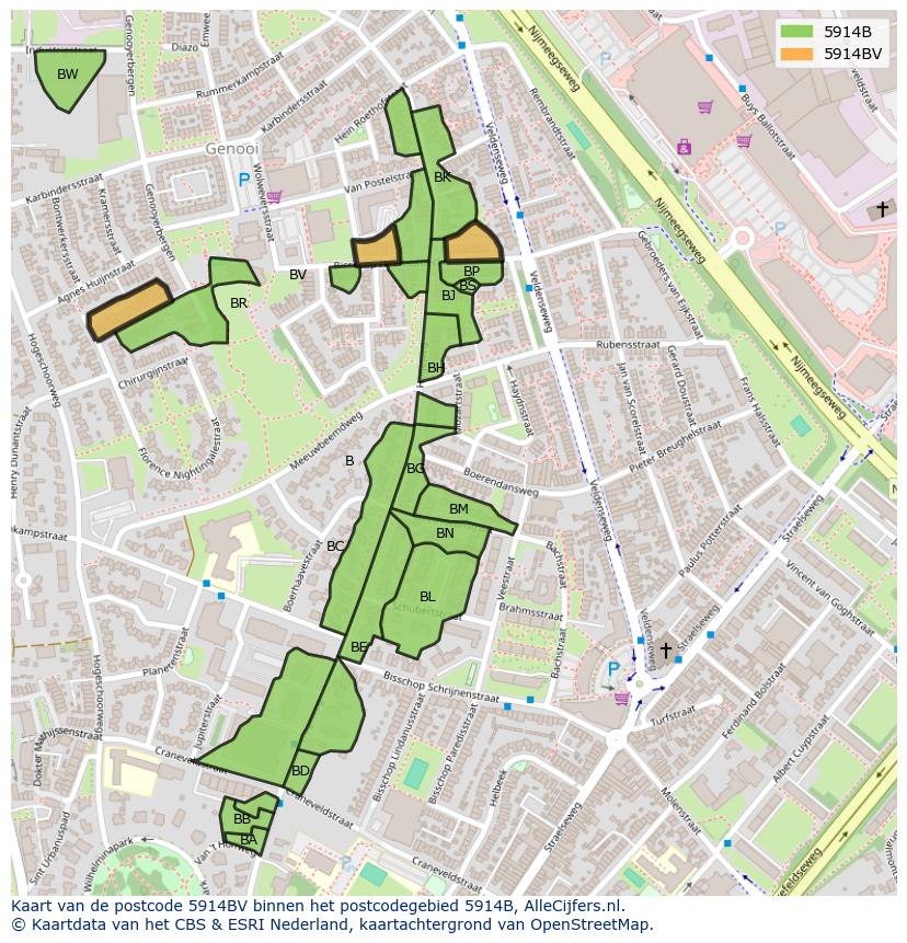 Afbeelding van het postcodegebied 5914 BV op de kaart.