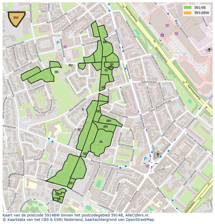 Afbeelding van het postcodegebied 5914 BW op de kaart.