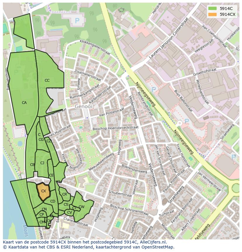 Afbeelding van het postcodegebied 5914 CX op de kaart.