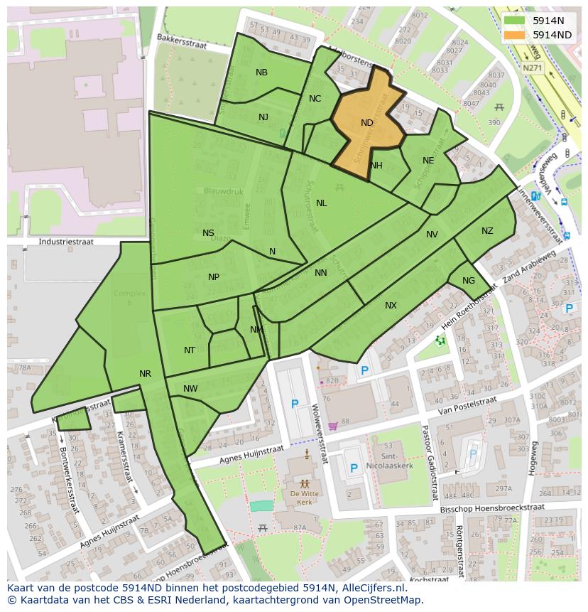 Afbeelding van het postcodegebied 5914 ND op de kaart.