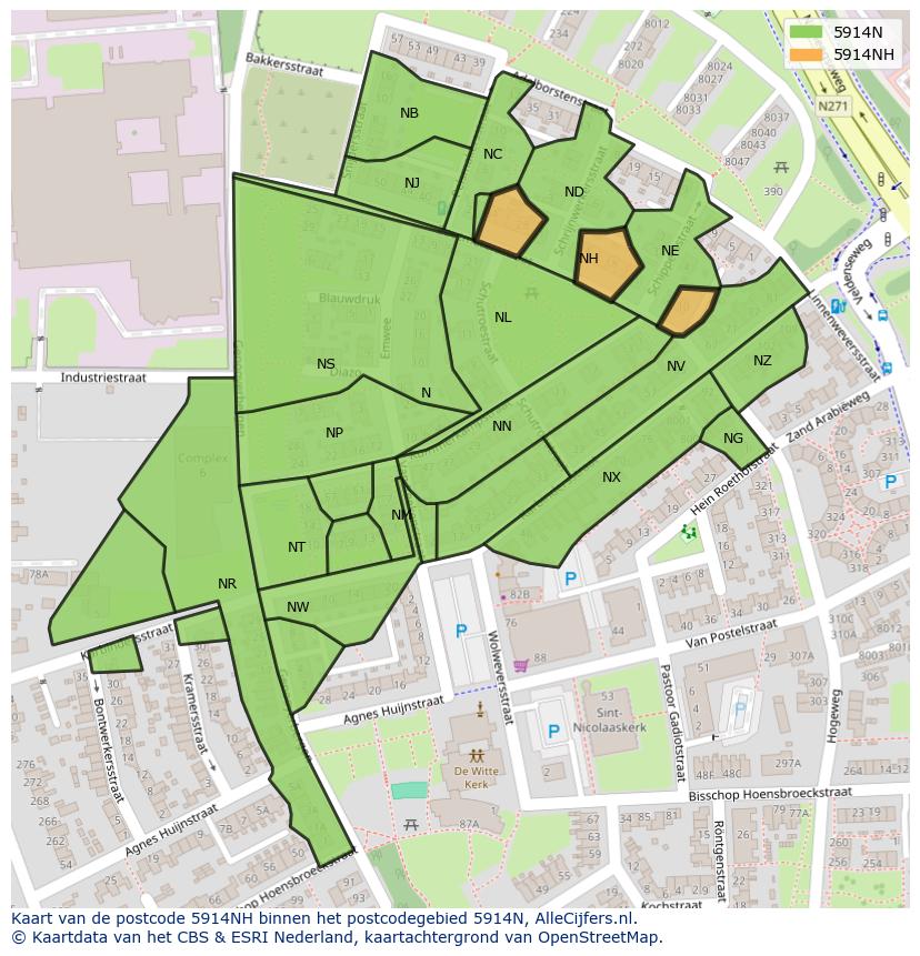 Afbeelding van het postcodegebied 5914 NH op de kaart.