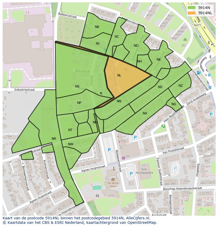 Afbeelding van het postcodegebied 5914 NL op de kaart.