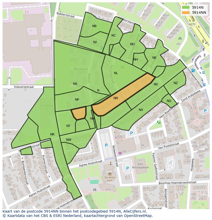 Afbeelding van het postcodegebied 5914 NN op de kaart.