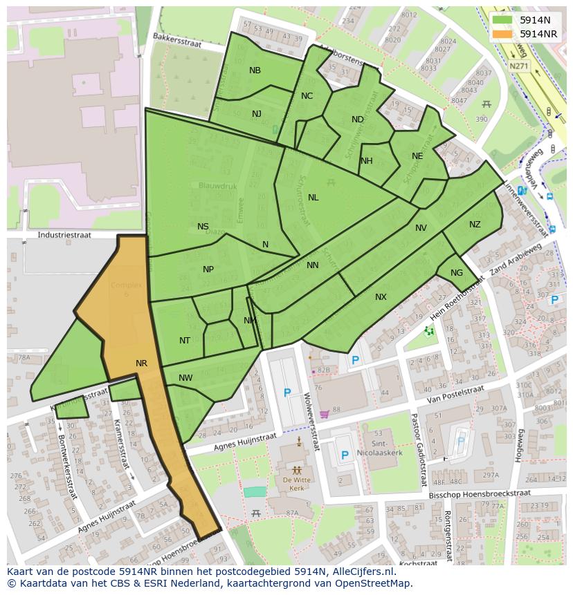 Afbeelding van het postcodegebied 5914 NR op de kaart.