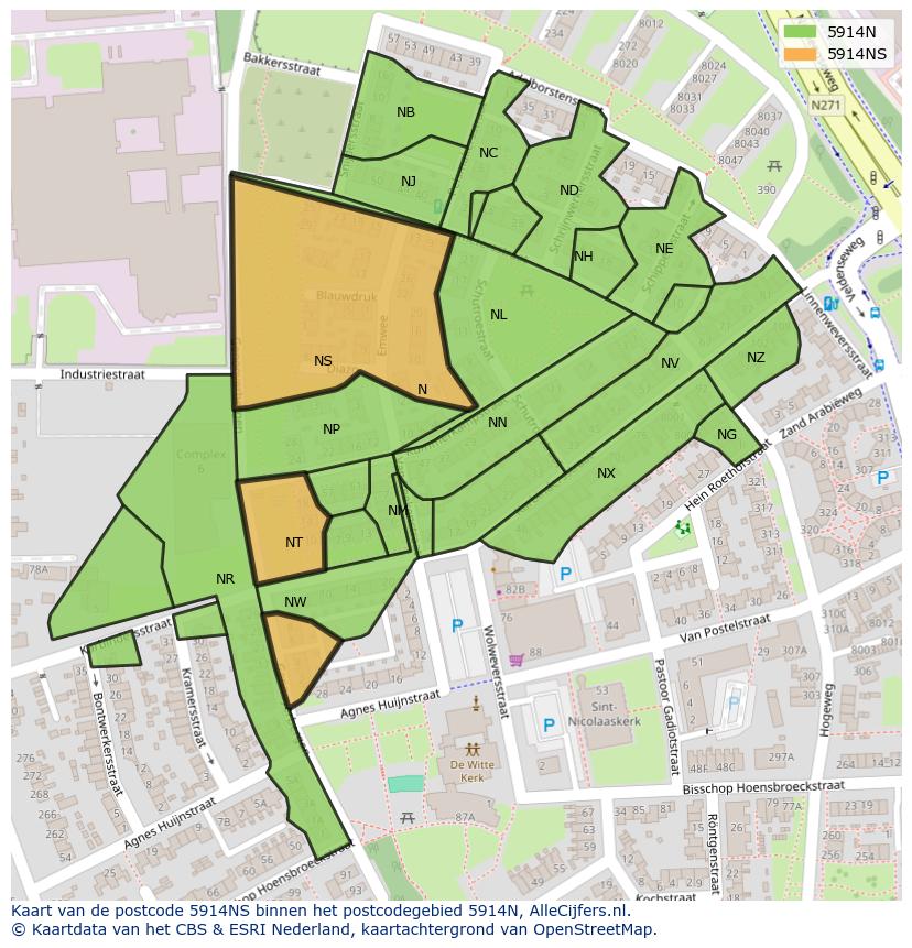 Afbeelding van het postcodegebied 5914 NS op de kaart.