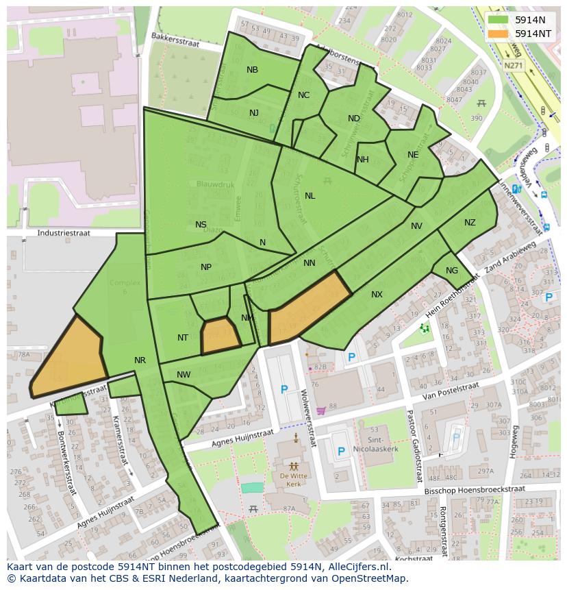 Afbeelding van het postcodegebied 5914 NT op de kaart.