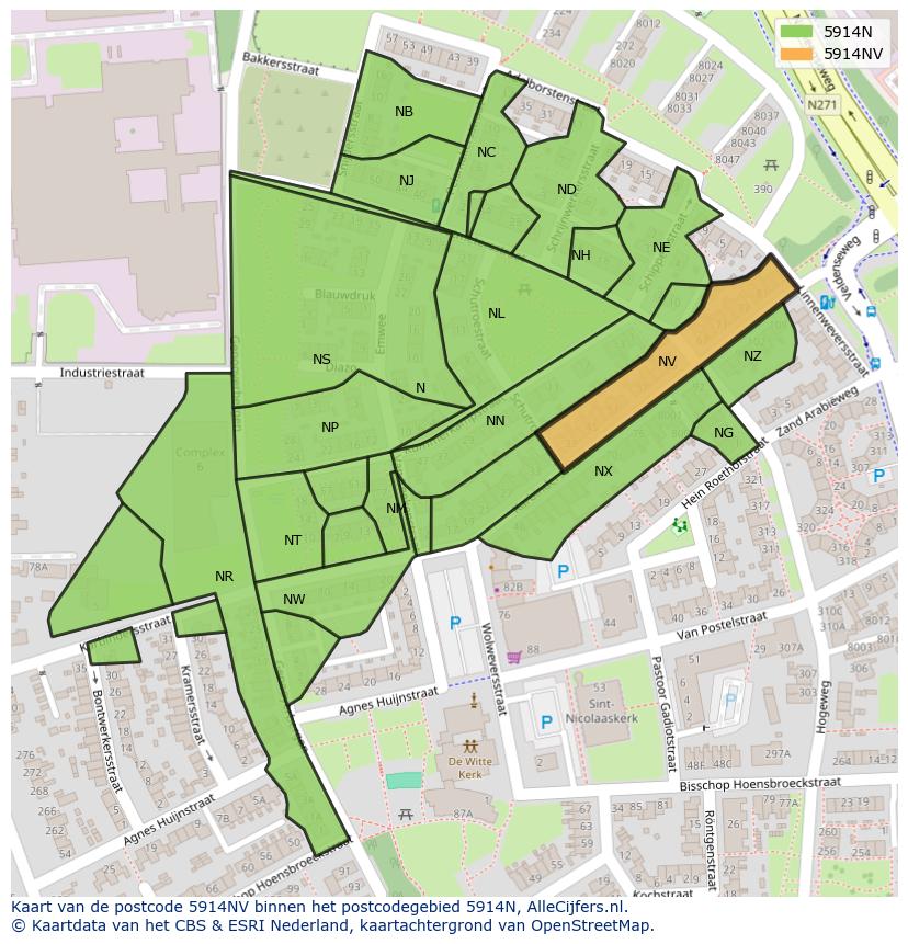 Afbeelding van het postcodegebied 5914 NV op de kaart.