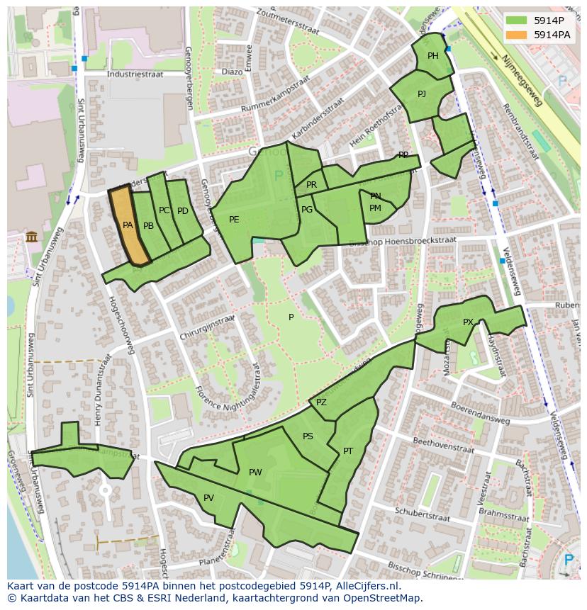 Afbeelding van het postcodegebied 5914 PA op de kaart.