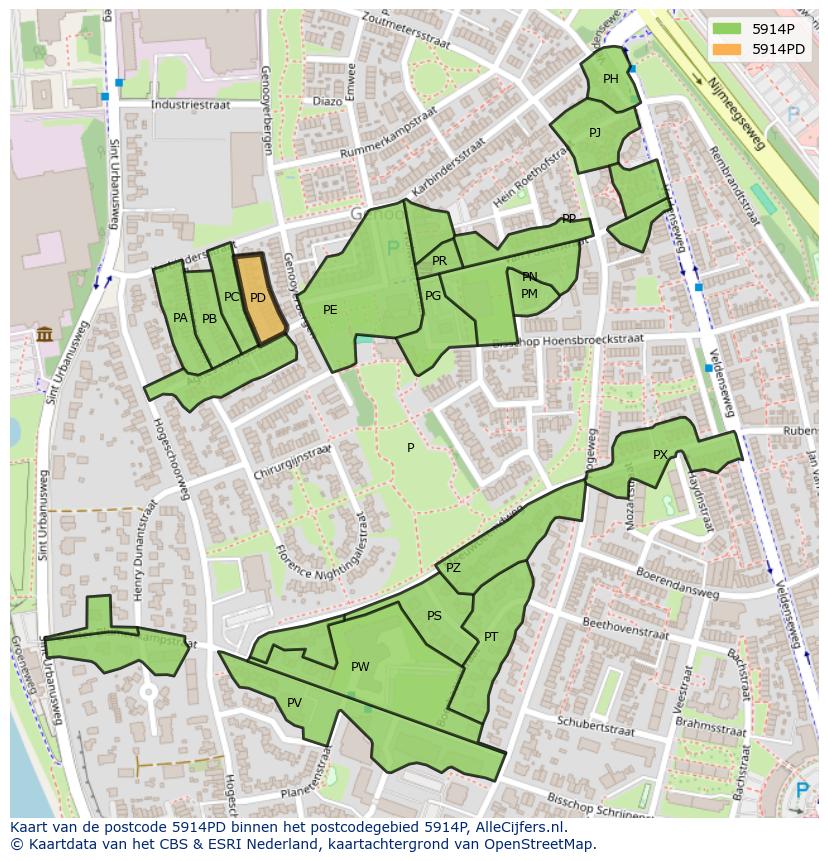 Afbeelding van het postcodegebied 5914 PD op de kaart.