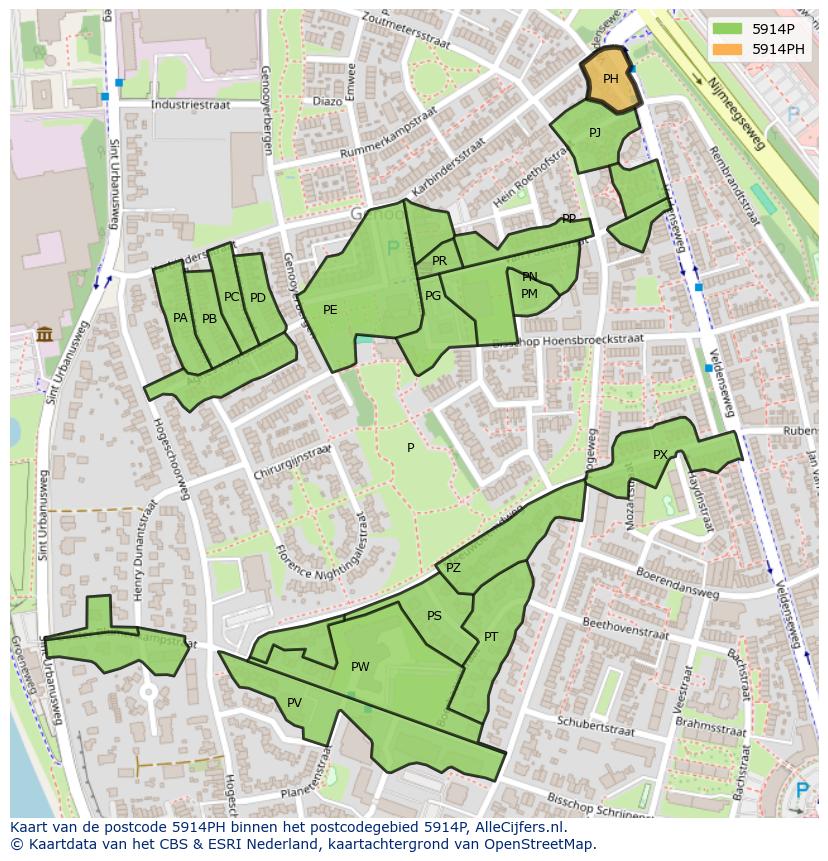 Afbeelding van het postcodegebied 5914 PH op de kaart.