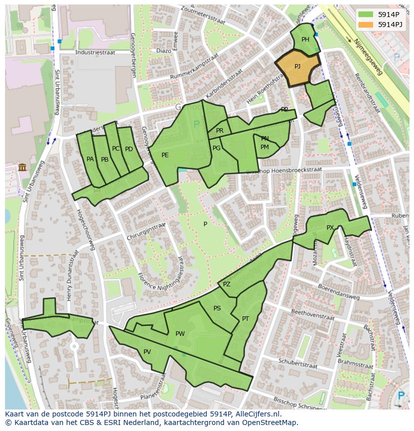 Afbeelding van het postcodegebied 5914 PJ op de kaart.