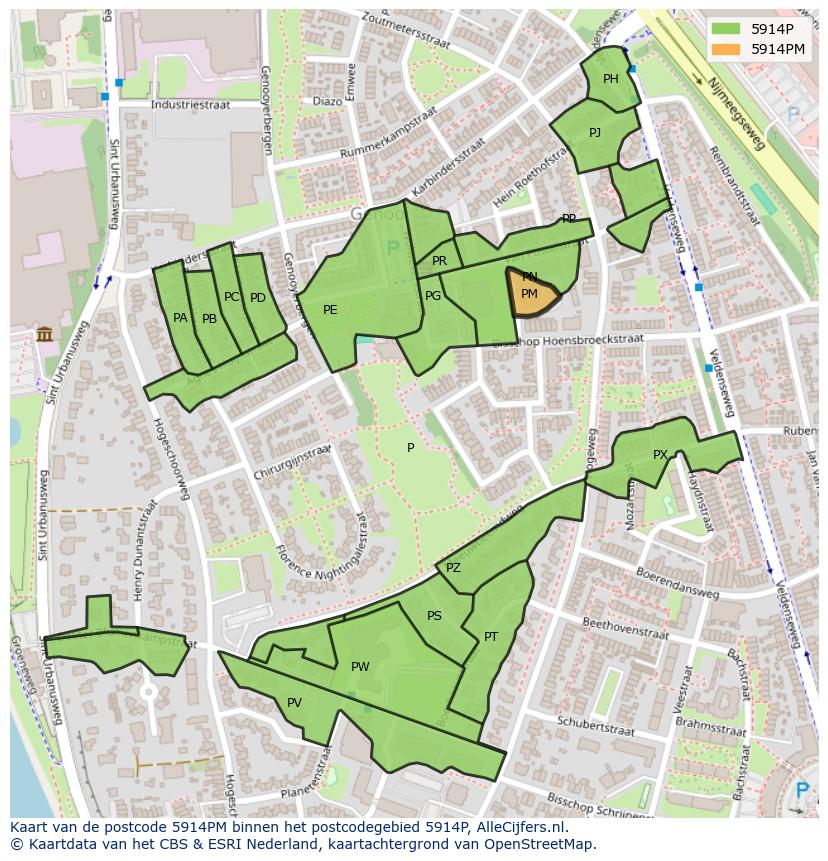 Afbeelding van het postcodegebied 5914 PM op de kaart.