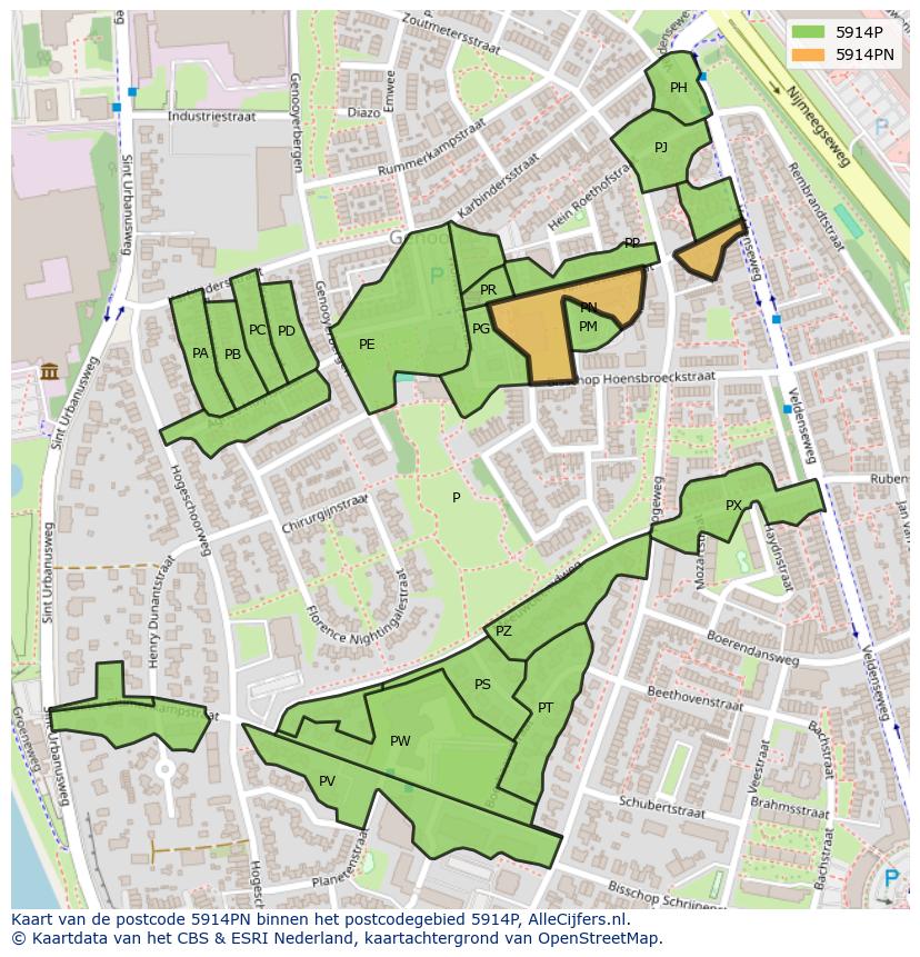 Afbeelding van het postcodegebied 5914 PN op de kaart.